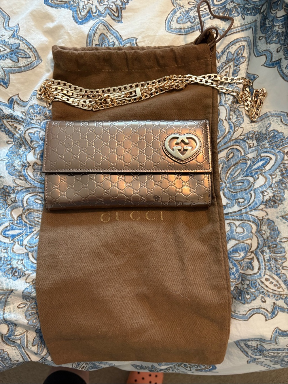Gucci Metallic Bronze Wallet/Crossbody with Gold Chain, COA and Gucci Dust Bag